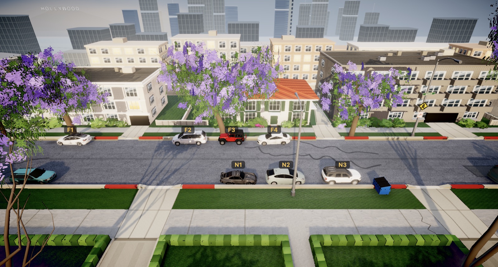 The 3D model of the block rendered in the browser, seen from an elevated angle looking down the street. Four cars sit in the far parking bays labelled F1 to F4 and three in the near bays labelled N1 to N3, each with a dark label pill floating above it. Purple-blooming jacaranda trees line both sides of the road, a red no-parking stretch runs along one curb, and apartment buildings, a street lamp, a downtown skyline and a Hollywood sign on the hillside fill the backdrop.